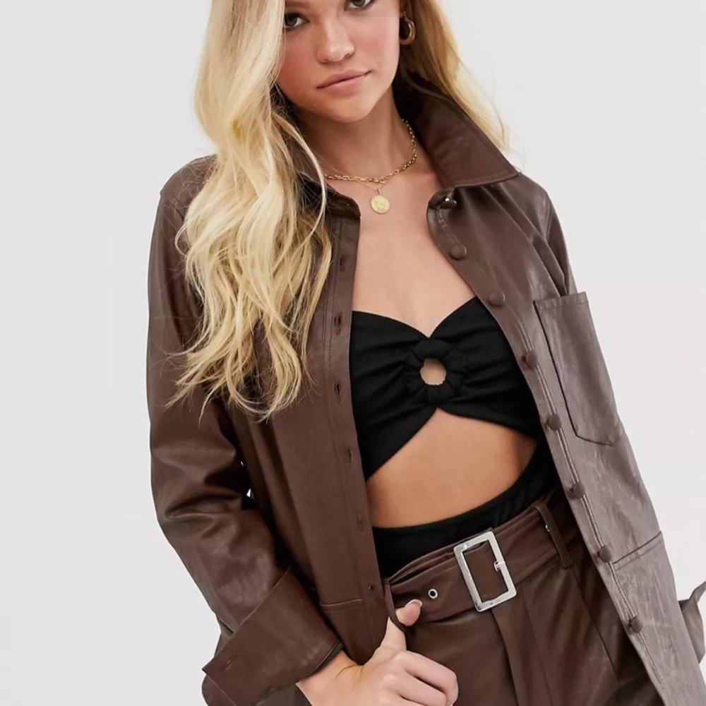 Neon Rose oversized shirt in brown faux leather, size medium